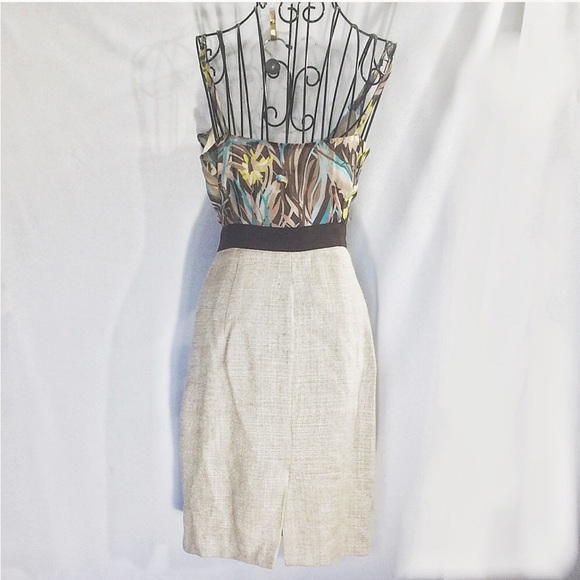 MILLY SAFARI SILK LINEN MIDI DRESS SPAGHETTI STRAP BEIGE BLUE BROWN US 2 SMALL - Picture 3 of 3